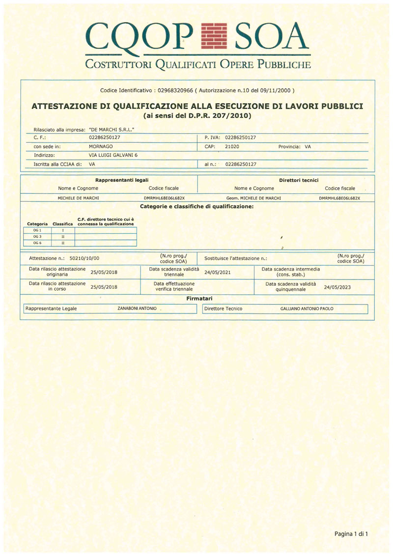 Certificazione CQOP SOA De Marchi Srl